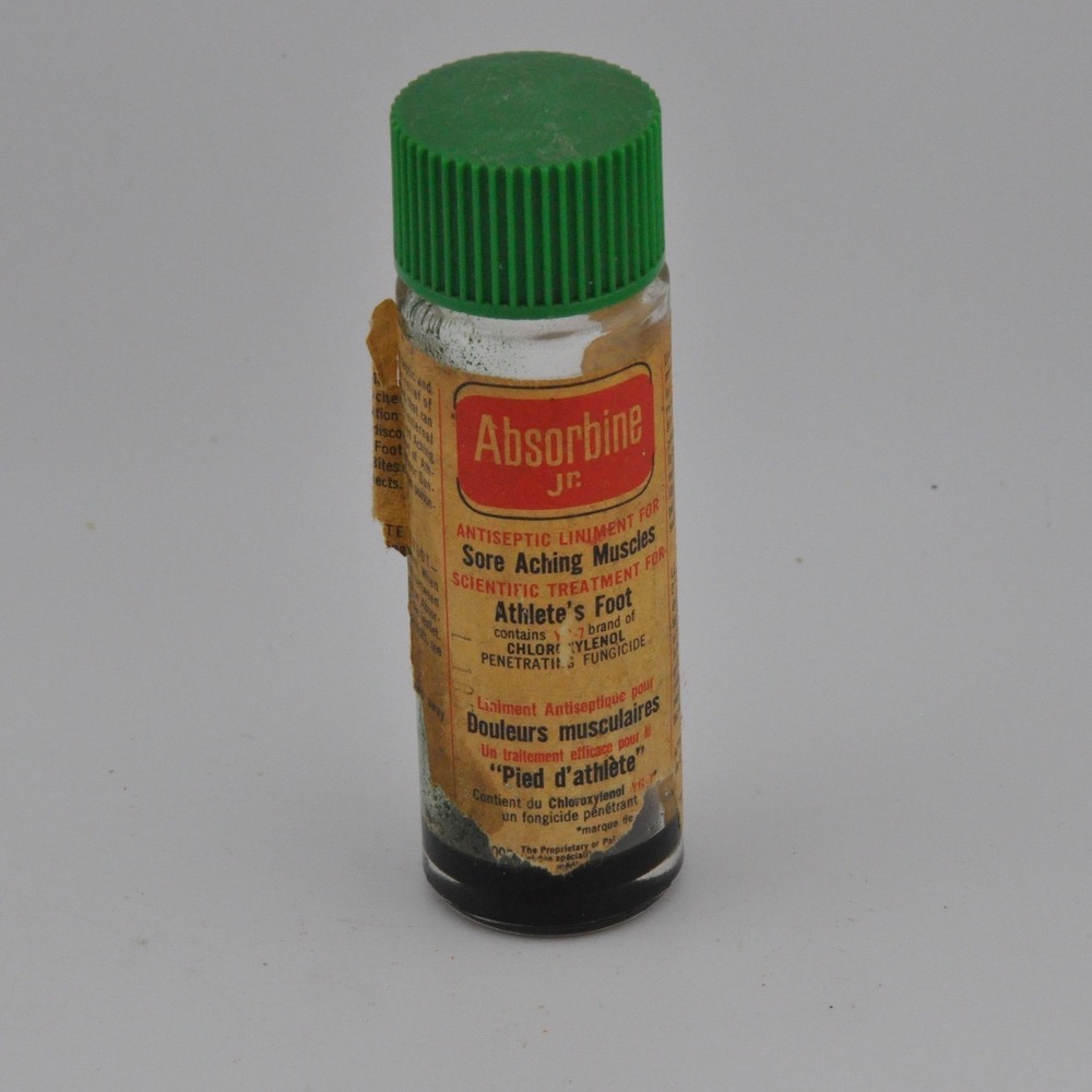 Absorbine Jr Vintage Liniment Bottle 1oz Amber Green Fair 1964 Apothecary Prop